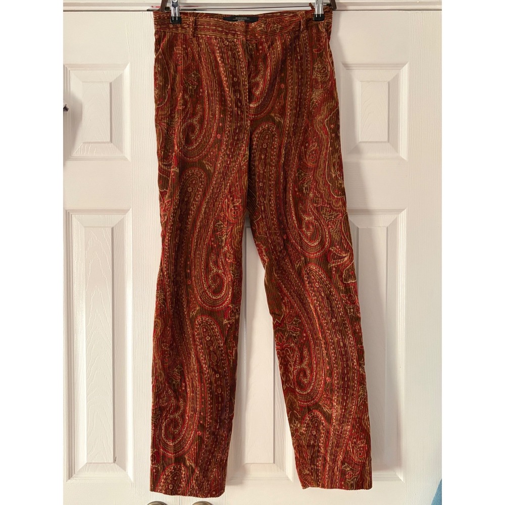 Weekend Max Mara Paisley Corduroy Pants Brown Red Cotton Made in Italy Size 10